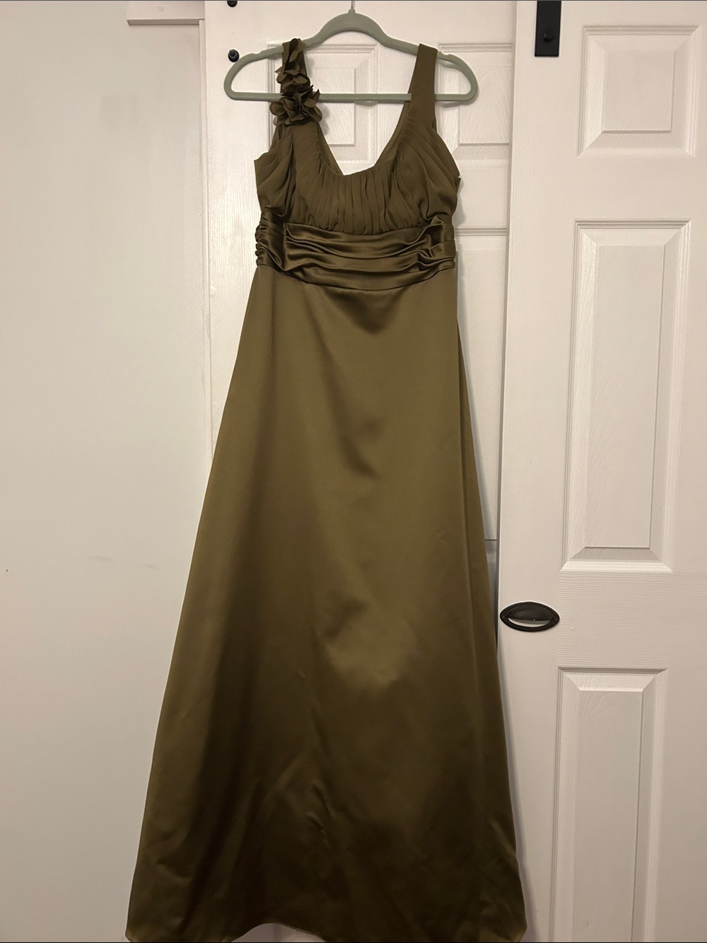David's Bridal Olive Green One-Shoulder Ruched Satin Maxi Dress